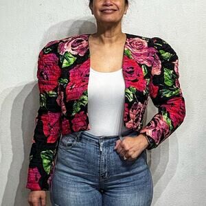 Nuit Black Floral Silk Cropped Vintage Bolero Jacket Sz M